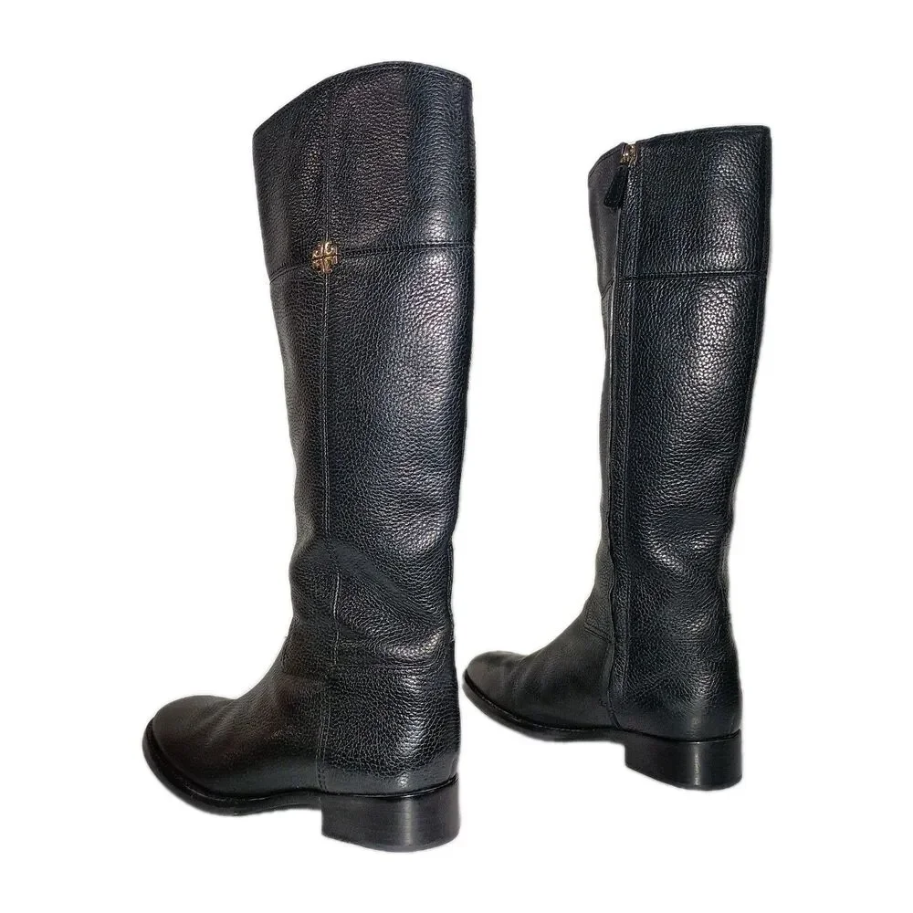 Tory Burch Jolie Riding Boots Shoes Womens Size 8M Black Grain Pebbled Leather